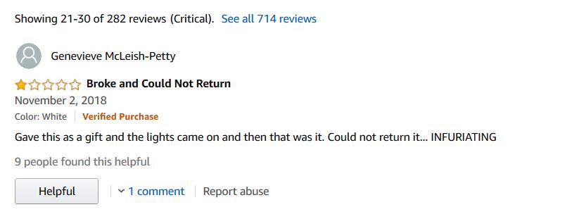 Customer Review 1 star - Broke and Could Not Return